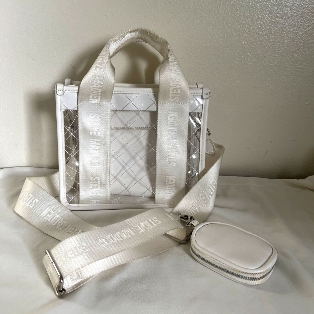 STEVE MADDEN Clear Quilted Crossbody Stadium Bag w/ Two Pouches, White